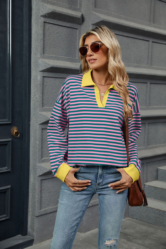Autumn Winter Contrast Color Lapels Loose Long Sleeve Striped Sweater for