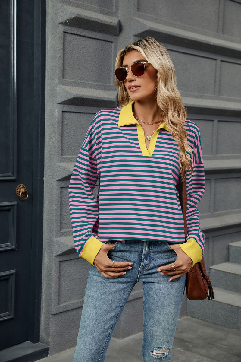 Autumn Winter Contrast Color Lapels Loose Long Sleeve Striped Sweater for