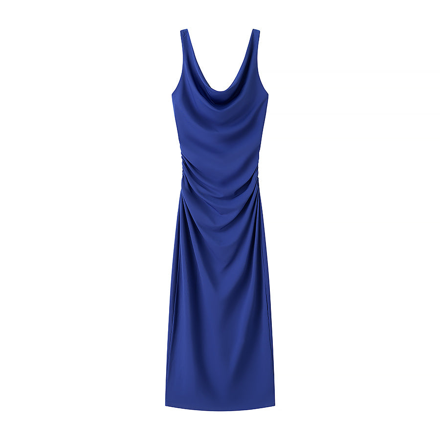 Spring Summer Clothing Fashionable Pleated Decorative Sleeveless Midi Dress
