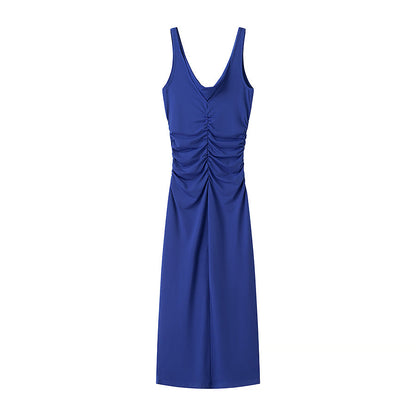 Spring Summer Clothing Fashionable Pleated Decorative Sleeveless Midi Dress