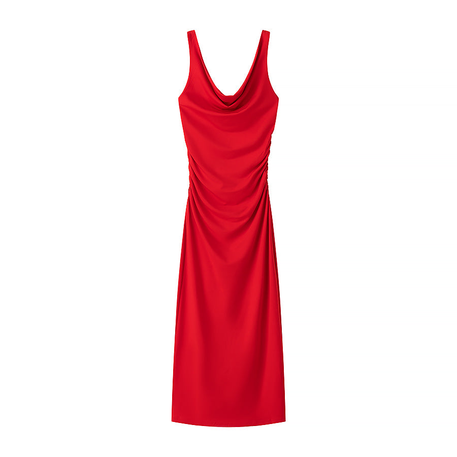 Spring Summer Clothing Fashionable Pleated Decorative Sleeveless Midi Dress