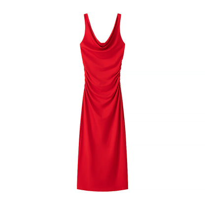 Spring Summer Clothing Fashionable Pleated Decorative Sleeveless Midi Dress