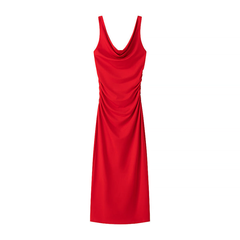 Spring Summer Clothing Fashionable Pleated Decorative Sleeveless Midi Dress