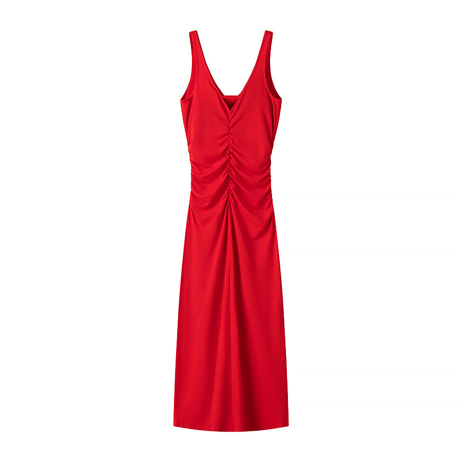Spring Summer Clothing Fashionable Pleated Decorative Sleeveless Midi Dress