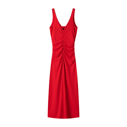 Spring Summer Clothing Fashionable Pleated Decorative Sleeveless Midi Dress