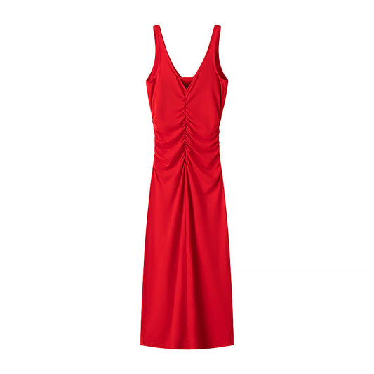 Spring Summer Clothing Fashionable Pleated Decorative Sleeveless Midi Dress