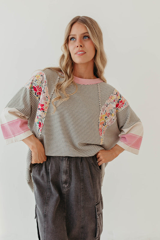 Autumn Clothing Color Matching Printed Top Loose 3/4 Sleeve Sweater