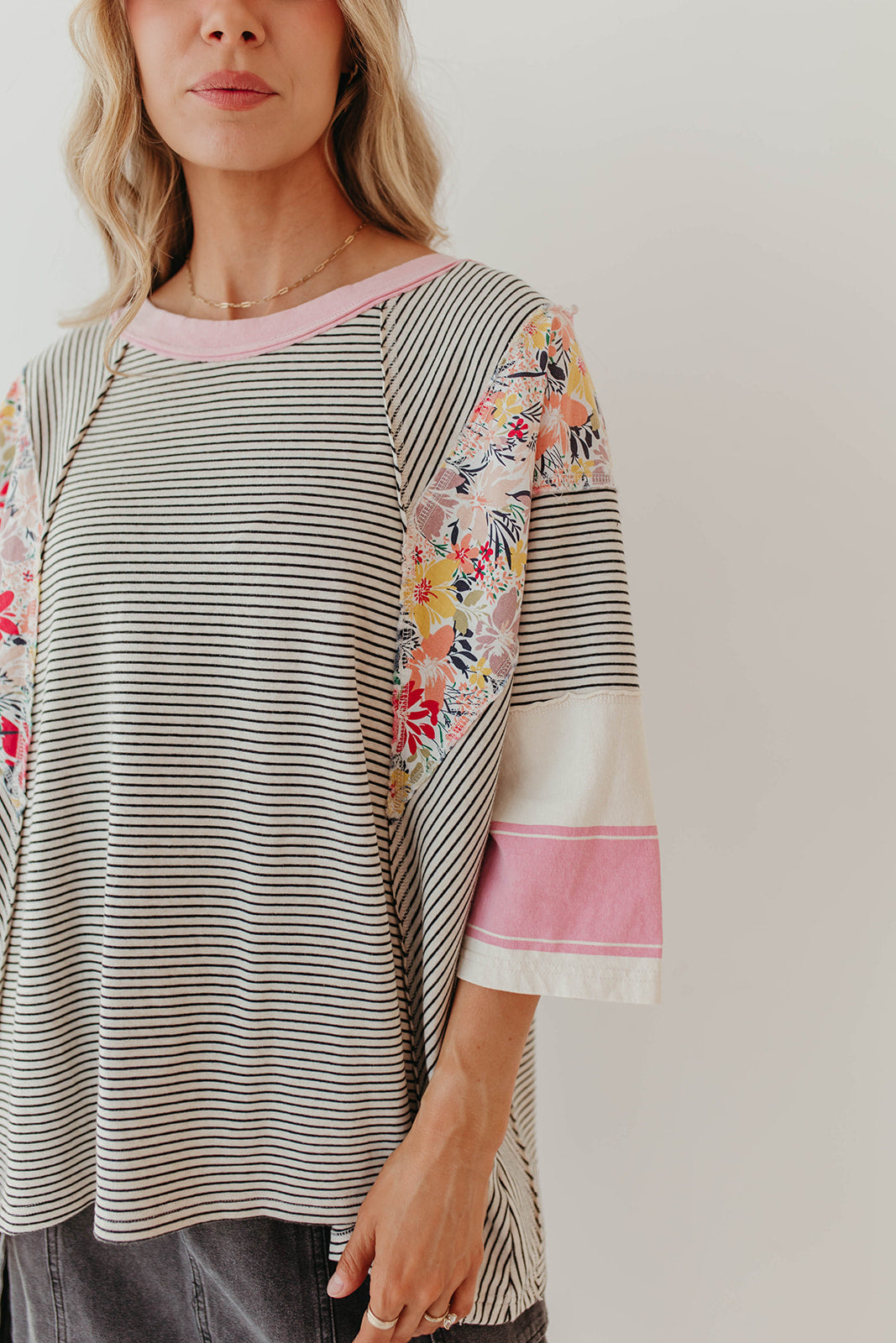 Autumn Clothing Color Matching Printed Top Loose 3/4 Sleeve Sweater