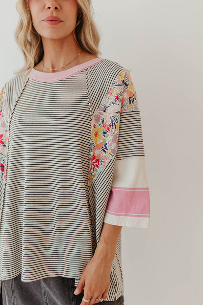 Autumn Clothing Color Matching Printed Top Loose 3/4 Sleeve Sweater