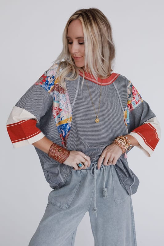 Autumn Clothing Color Matching Printed Top Loose 3/4 Sleeve Sweater