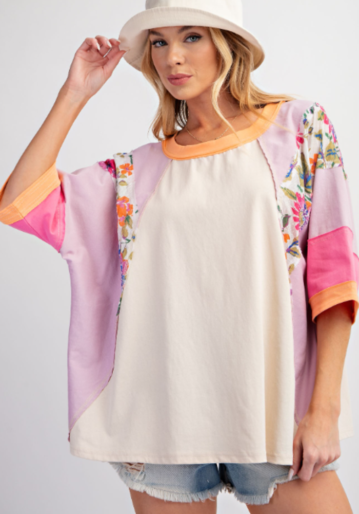 Autumn Clothing Color Matching Printed Top Loose 3/4 Sleeve Sweater