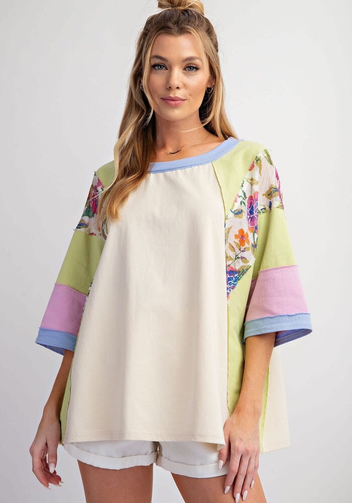 Autumn Clothing Color Matching Printed Top Loose 3/4 Sleeve Sweater