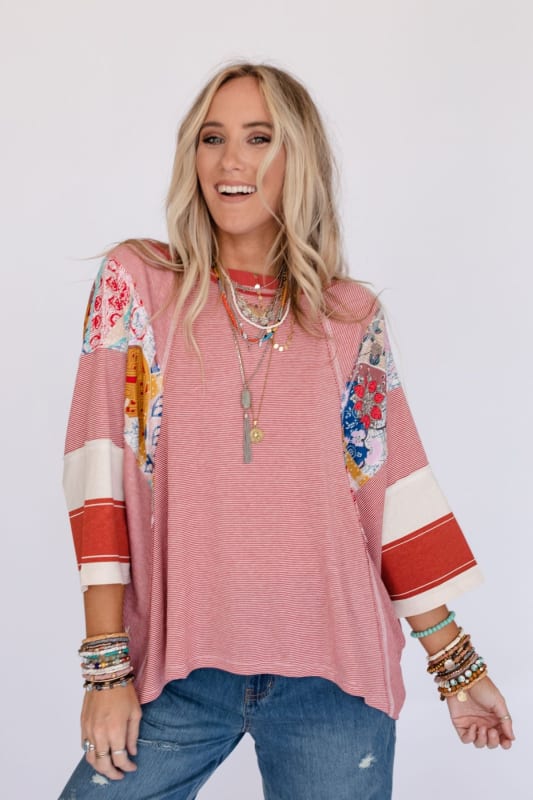 Autumn Clothing Color Matching Printed Top Loose 3/4 Sleeve Sweater