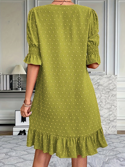 A-line Flared Sleeves Elasticity Jacquard Pleated Color Split-joint V-neck Mini Dresses