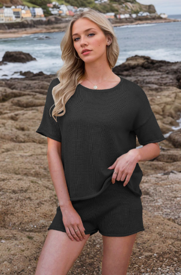 Summer Clothing Loose Round Neck Short Sleeve Shorts Two Piece Sets Knitwear