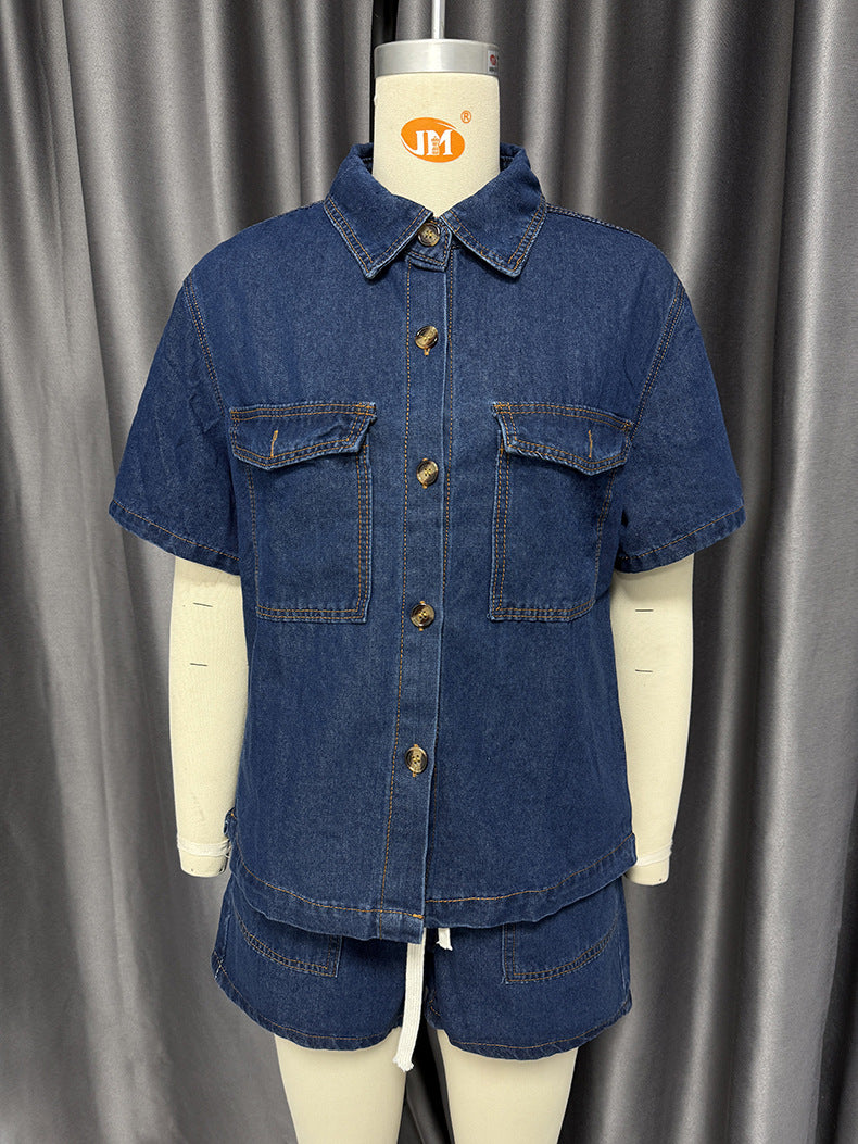 Retro Loose Pockets Short Sleeved Shirt Shorts Denim Two Piece Sets