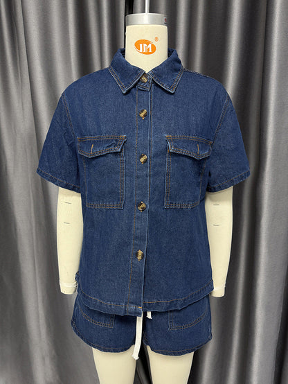 Retro Loose Pockets Short Sleeved Shirt Shorts Denim Two Piece Sets