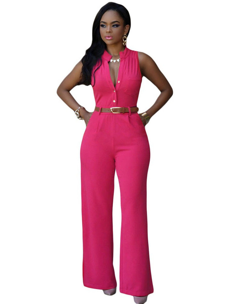 Clothing Single Breasted High Waist With Belt Wide Leg Pants Jumpsuit