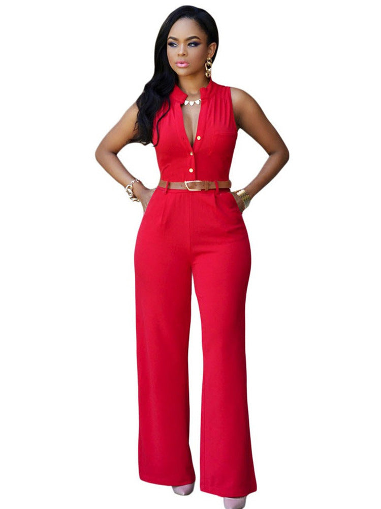 Clothing Single Breasted High Waist With Belt Wide Leg Pants Jumpsuit
