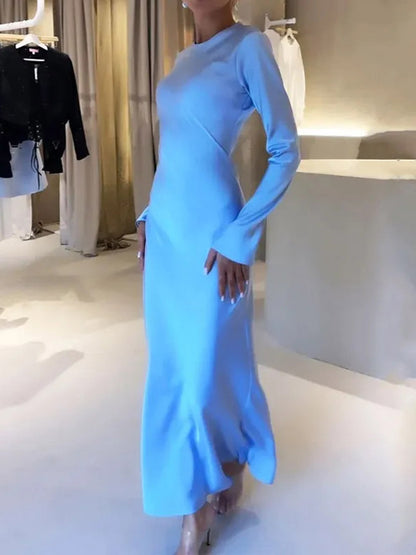 A-line High Waisted Color Round-neck Maxi Dresses