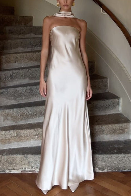Satin Color Strapless Slim Maxi Dress