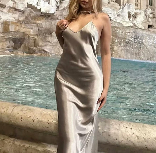 Spring Silk Satin Texture Color Sling Midi Dress