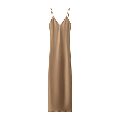 Spring Silk Satin Texture Color Sling Midi Dress
