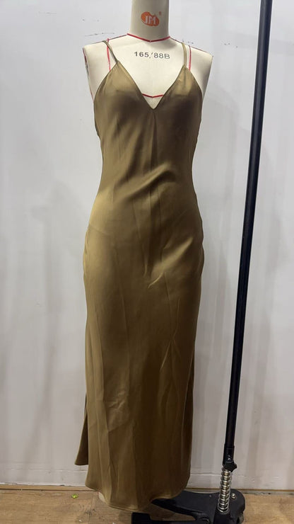 Spring Silk Satin Texture Color Sling Midi Dress