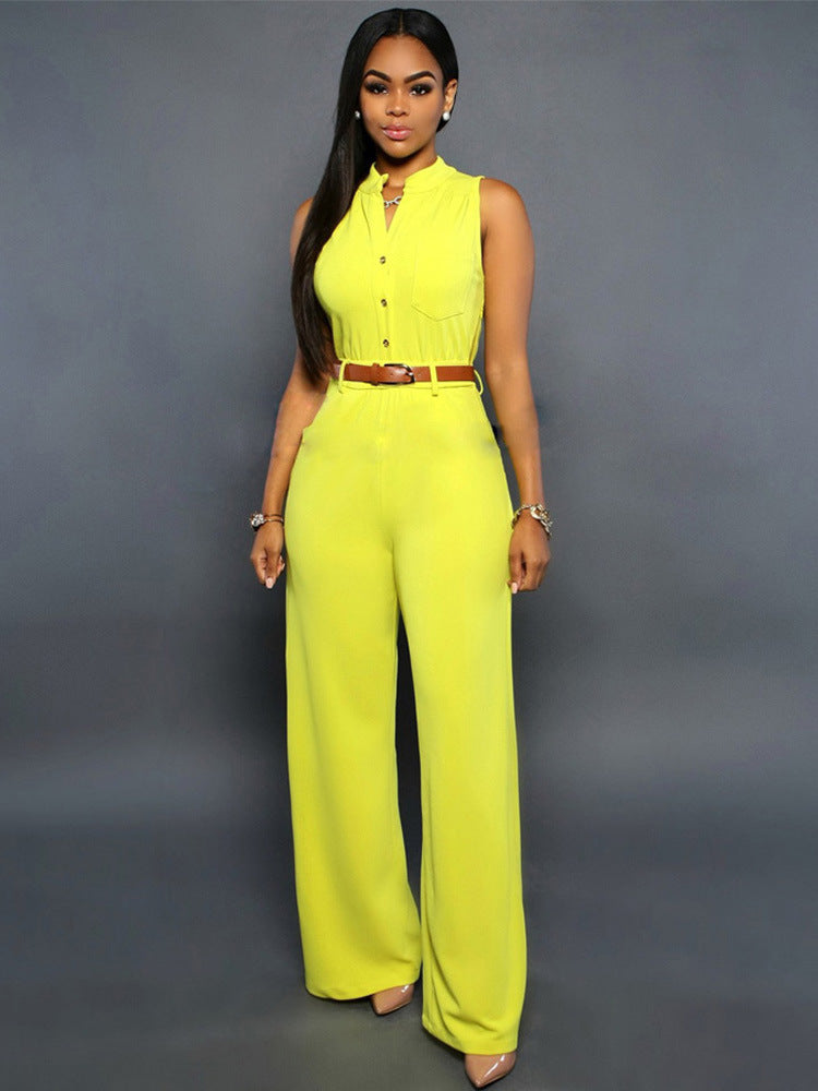 Clothing Single Breasted High Waist With Belt Wide Leg Pants Jumpsuit