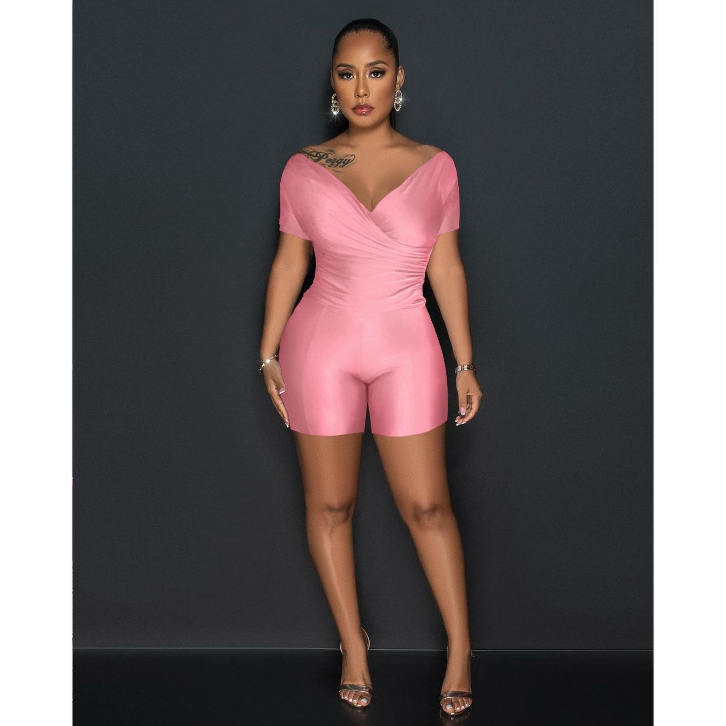 Clothing Supply Color Reflective Pleated V Neck Blouse Pants Two Piece Sets