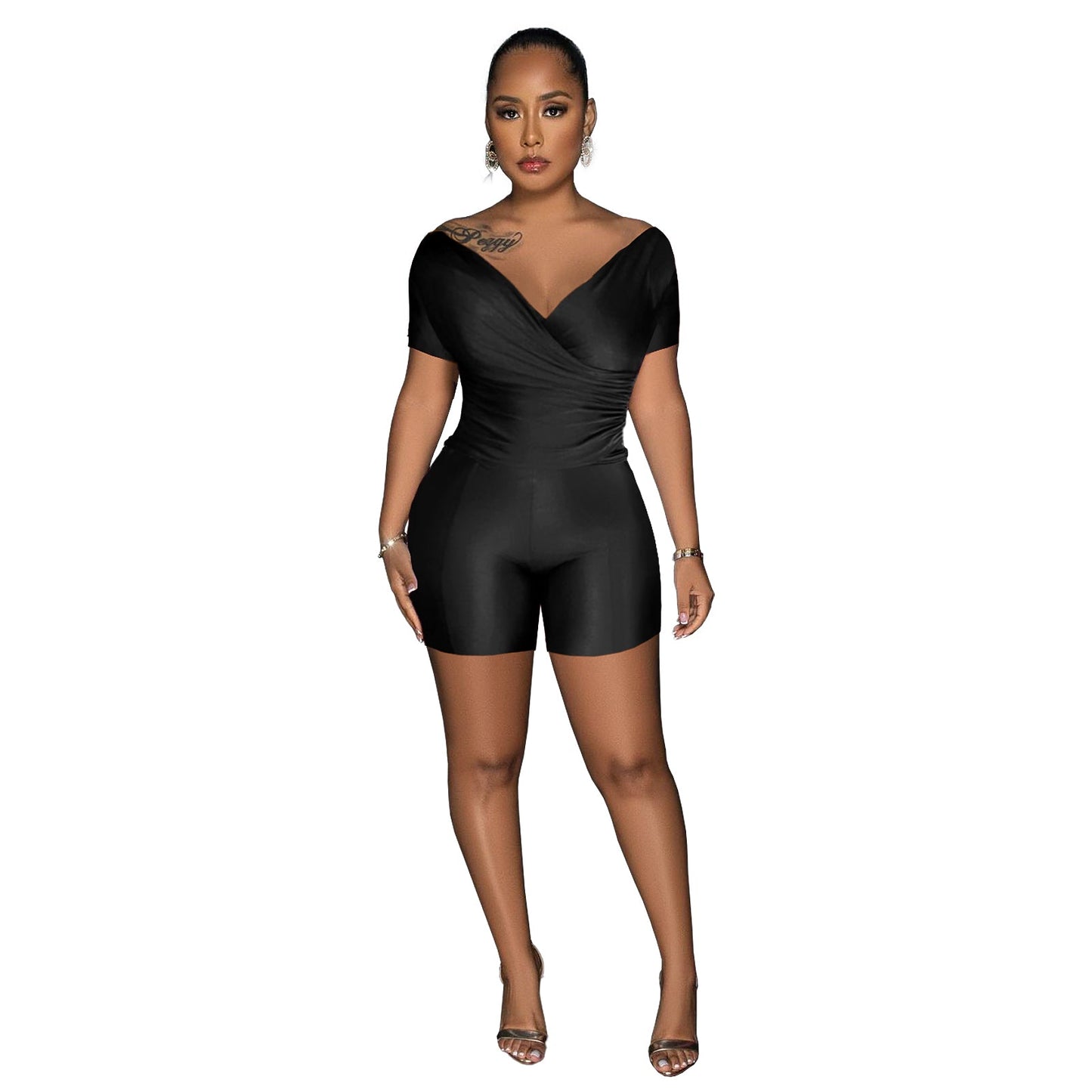Clothing Supply Color Reflective Pleated V Neck Blouse Pants Two Piece Sets