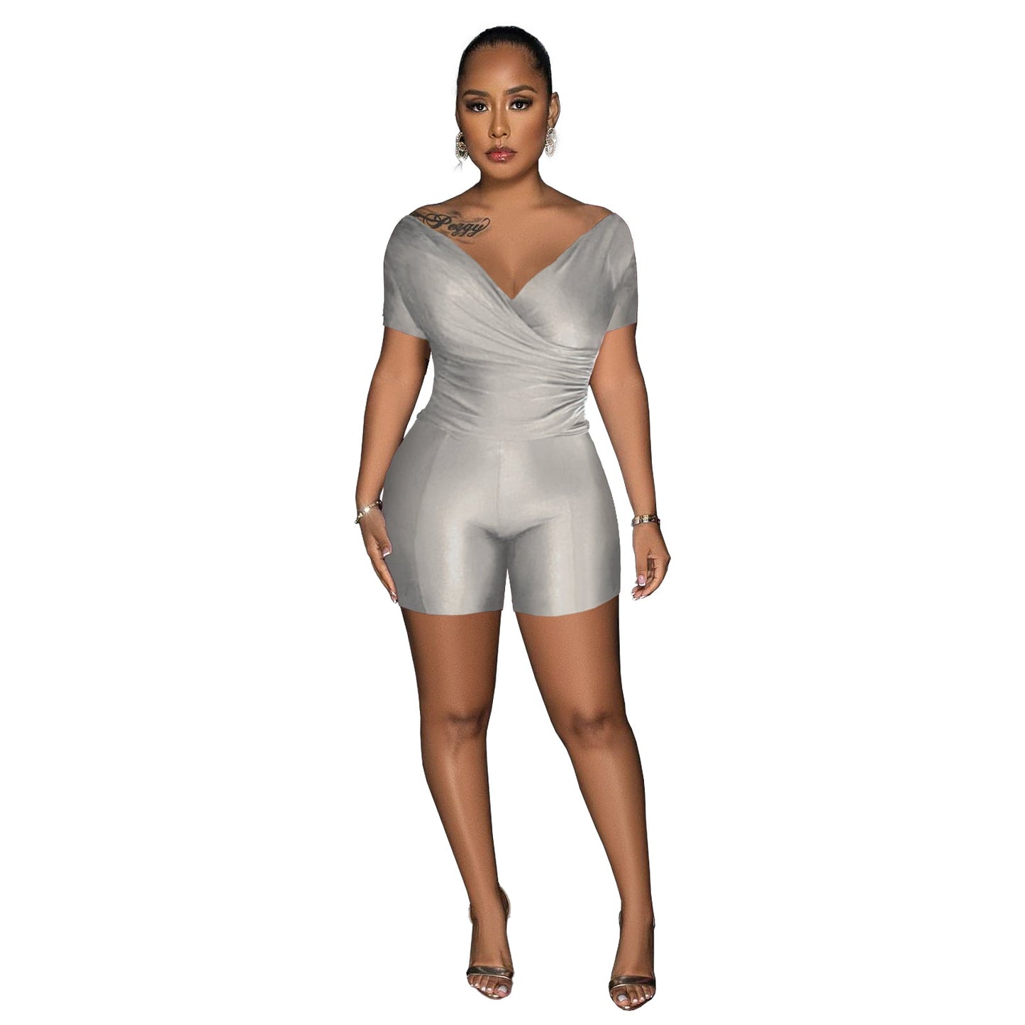 Clothing Supply Color Reflective Pleated V Neck Blouse Pants Two Piece Sets