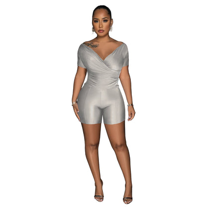 Clothing Supply Color Reflective Pleated V Neck Blouse Pants Two Piece Sets