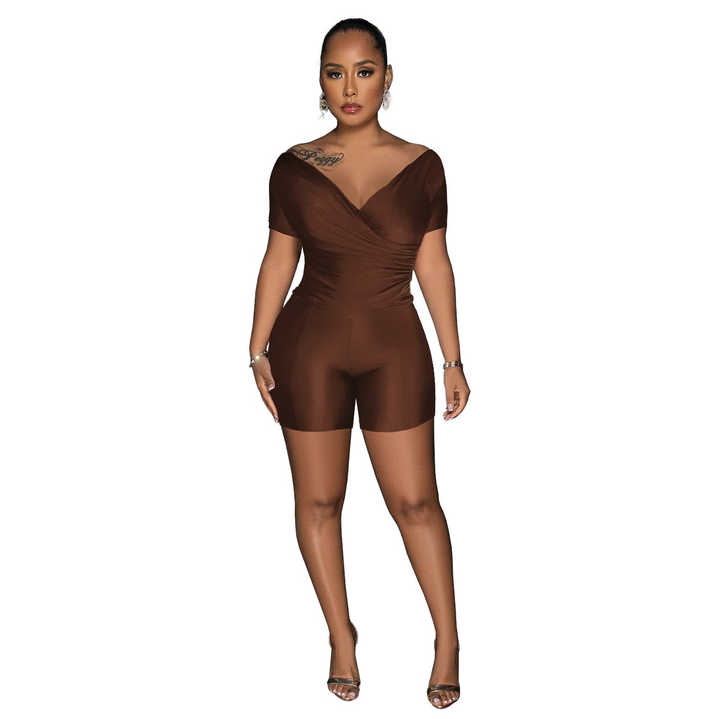 Clothing Supply Color Reflective Pleated V Neck Blouse Pants Two Piece Sets