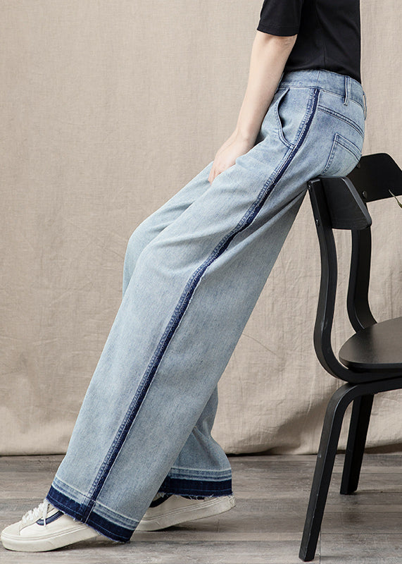 Blue Pockets Patchwork Denim Wide Leg Pants Spring Tt1027