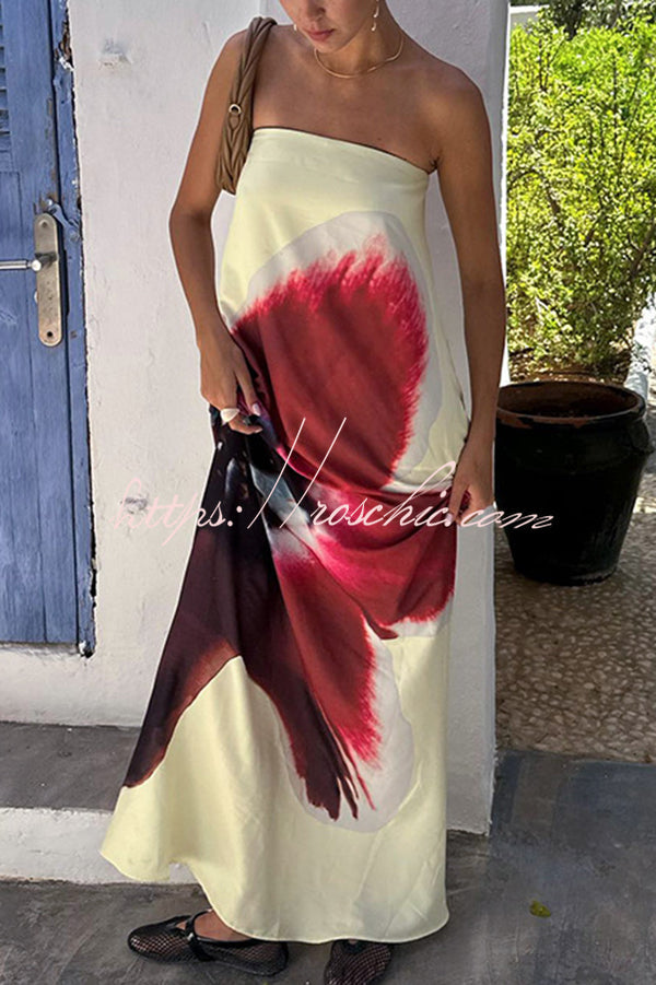 Print Strapless Backless Belt Maxi Dress
