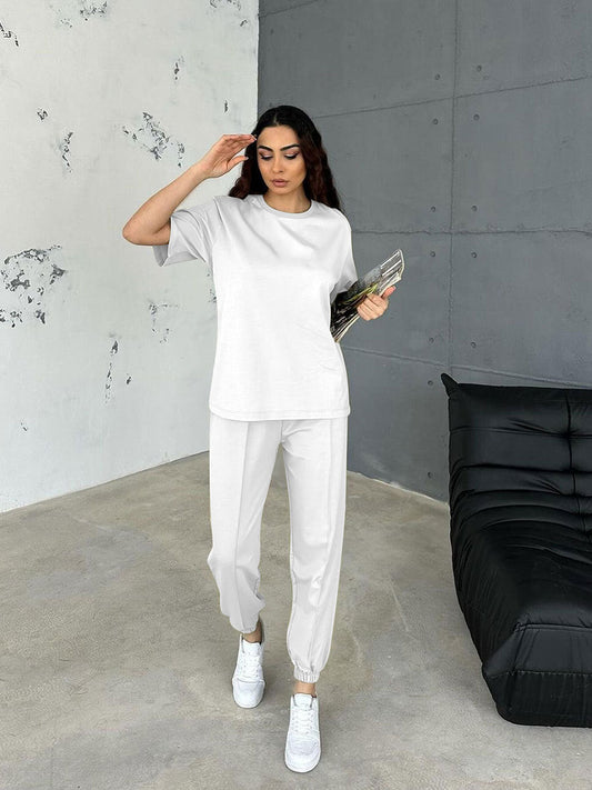 Summer Color Round Neck Short Sleeves Pullover Ankle Banded Pants