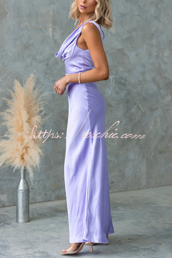 Muse Satin Color Cowl Neck Back Tie-up Maxi Dress