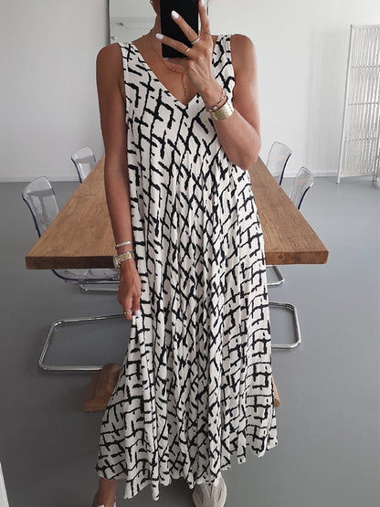 V Neck Geometric Printed Sleeveless Maxi Dress