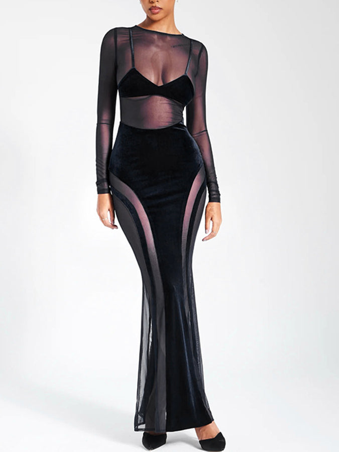 Long Sleeves Mesh Panled See-through Maxi Dress