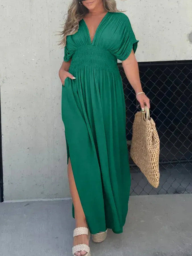 V Neck Batwing Sleeves Elastic Waist Maxi Dress
