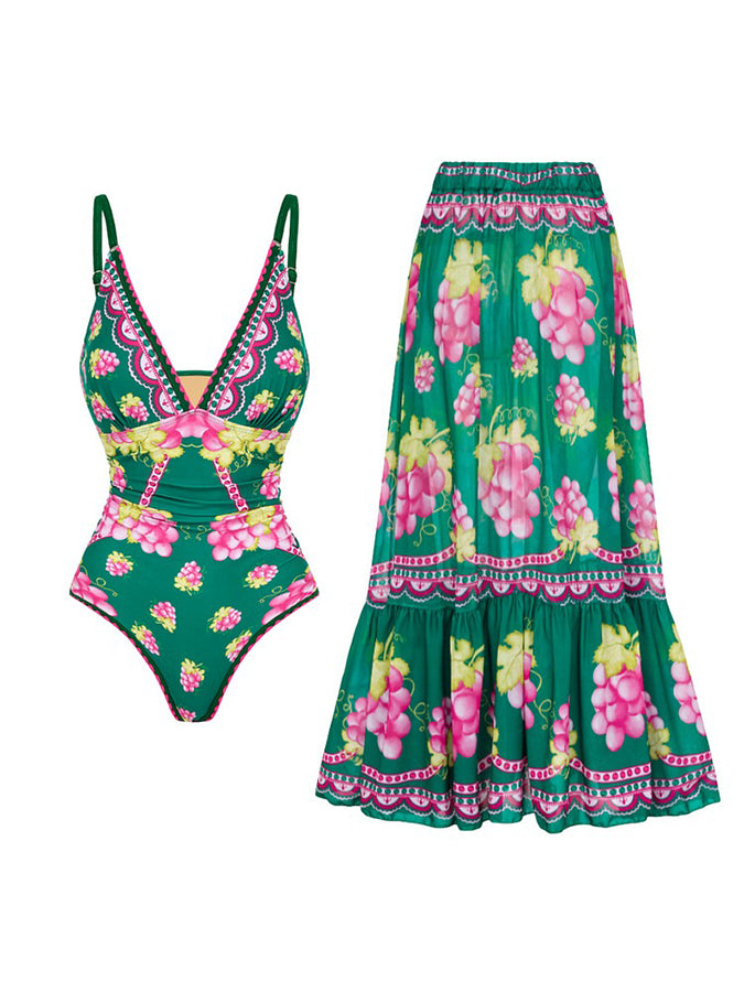 Ruffled Deep V Retro Green Grapes Print One Piece Swimsuit and Skirt