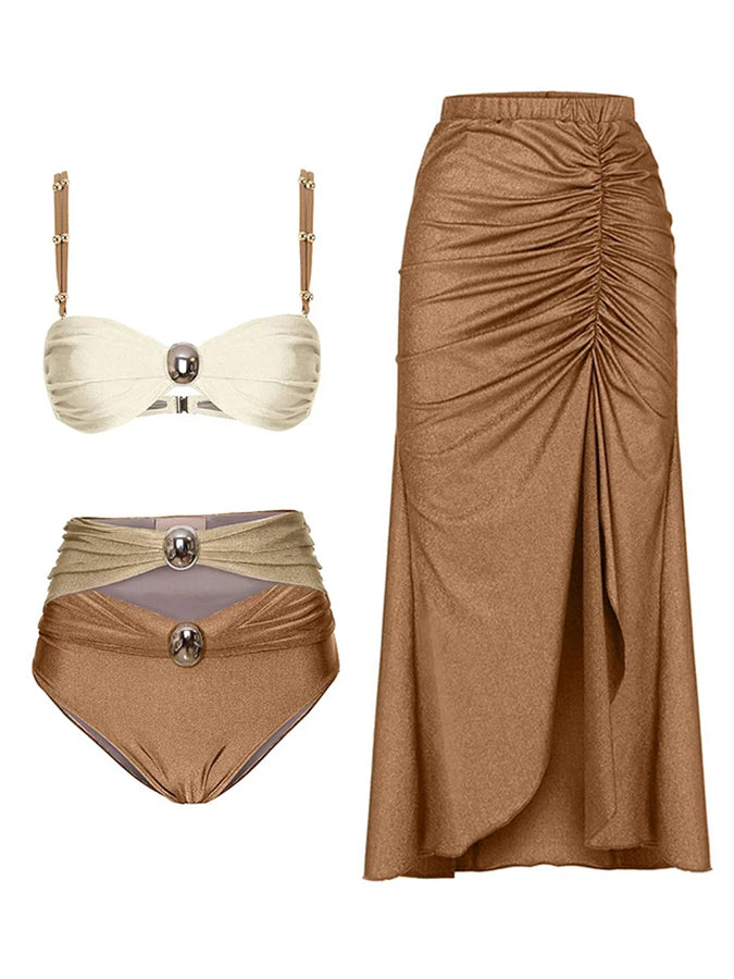 Sling Color Block Cutout High Waist Bikini Swimsuit and Skirt