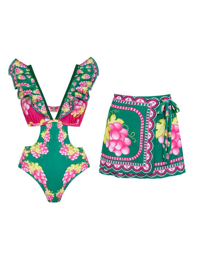 Ruffled Deep V Cutout Retro Green Grapes Print One Piece Swimsuit and Skirt