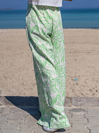 Printed Pockets Elastic Waist Wide-leg Pants