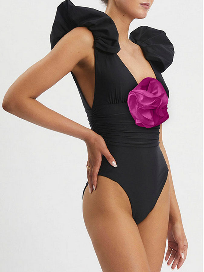 3d Flower One Shoulder Bikini Swimsuit and Skirt