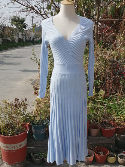 Knitted Long Sleeves V Neck Maxi Dress