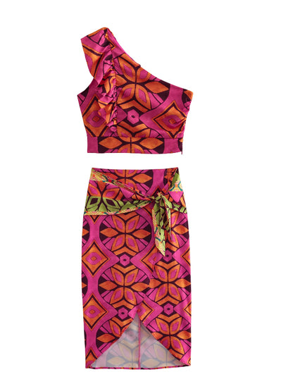 One Shoulder Geometric Printed Tops and Skirts