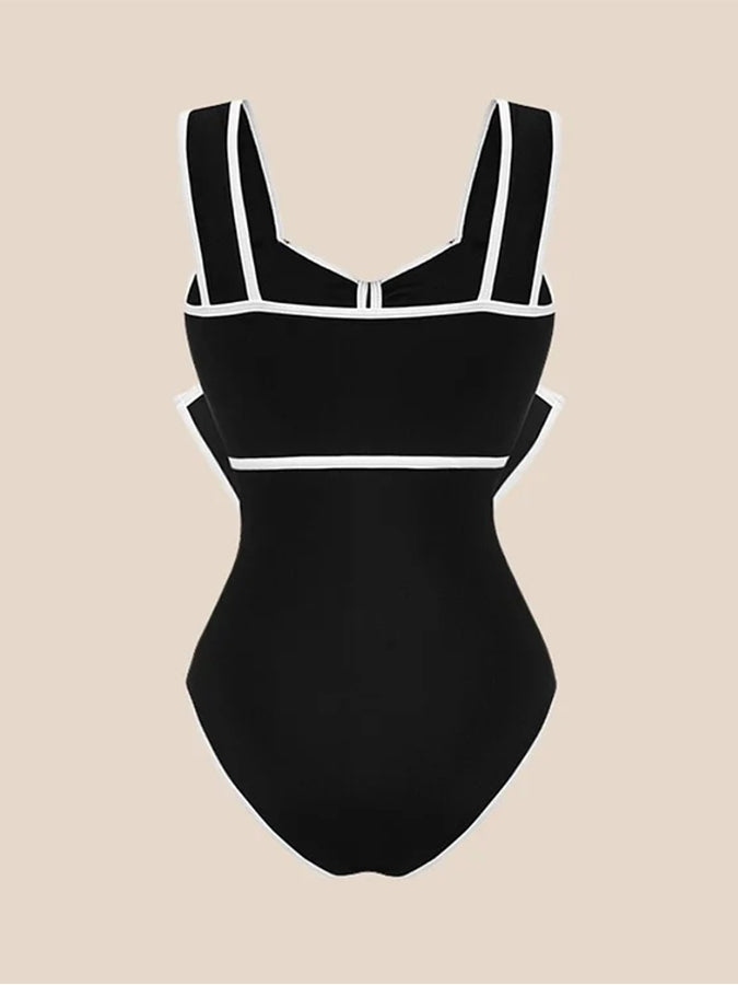 Black and White Bow Decor One Piece Swimsuit and Skirt