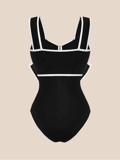 Black and White Bow Decor One Piece Swimsuit and Skirt